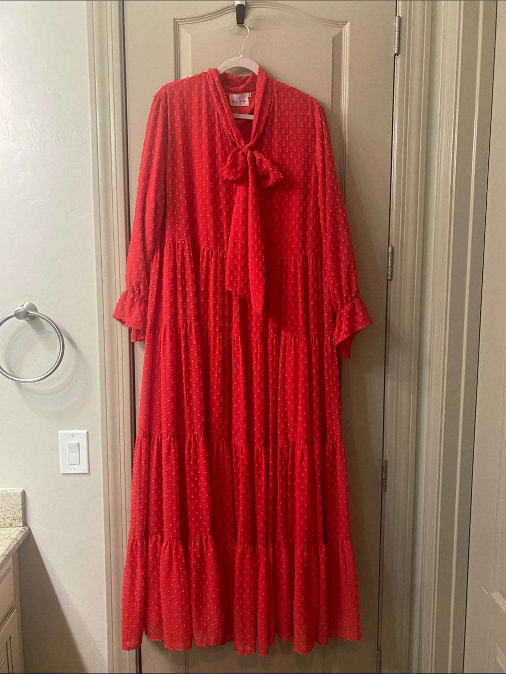 Dainty Jewells Red Tie-Neck Tiered Maxi Dress